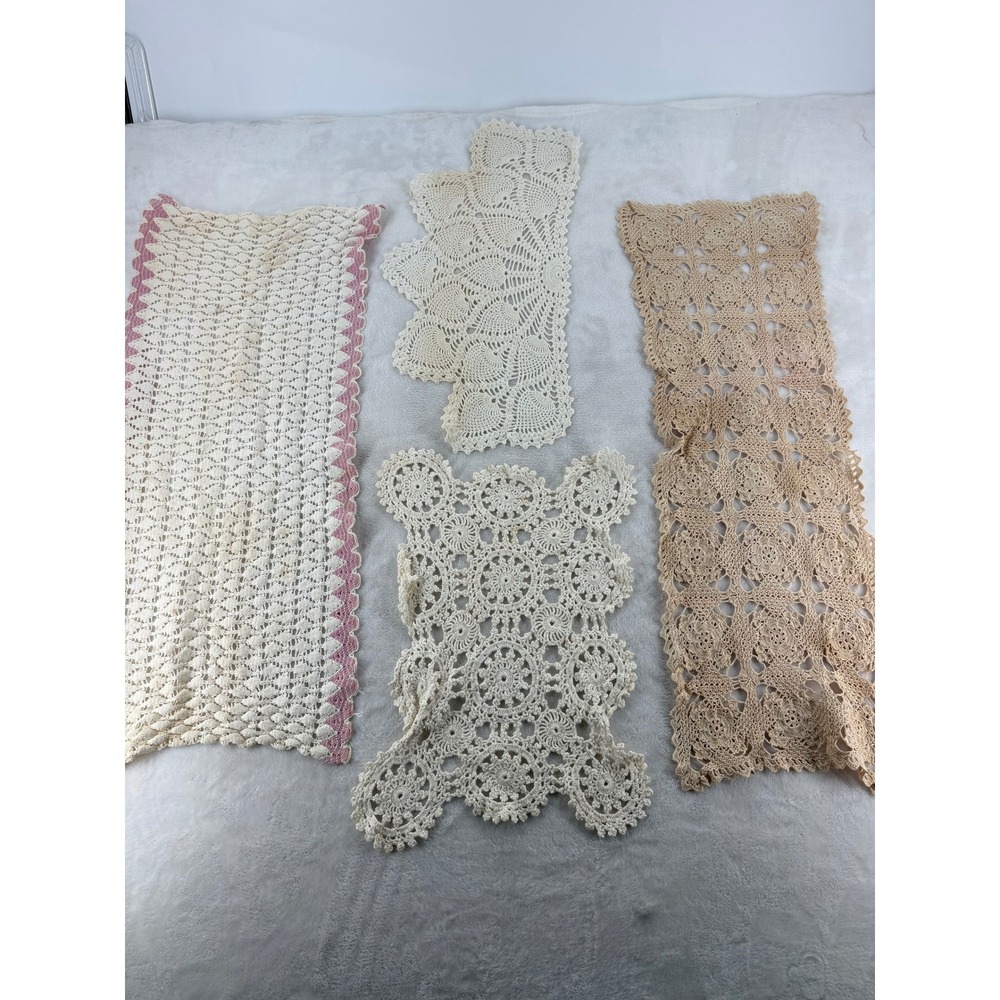 Vintage Crochet Doily Table Runner Lot 4pc Cream Tan Pink Cotton Lace READ